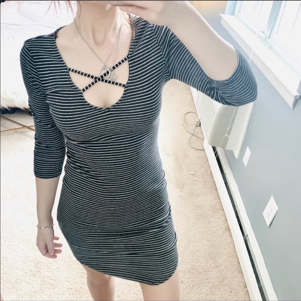Heart & hips black stripe lace up ribbed dress
